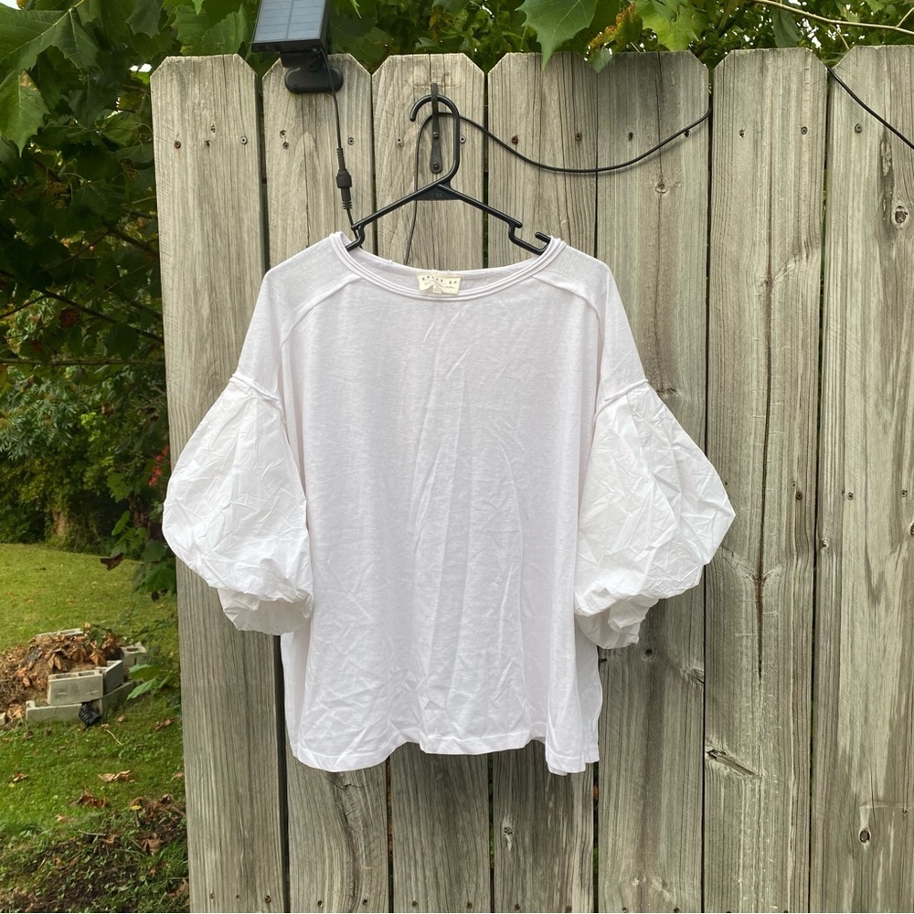 Dress Up White Contrast Poplin Puff Sleeve Knit Top‎ Large CET3480 Crew Neck